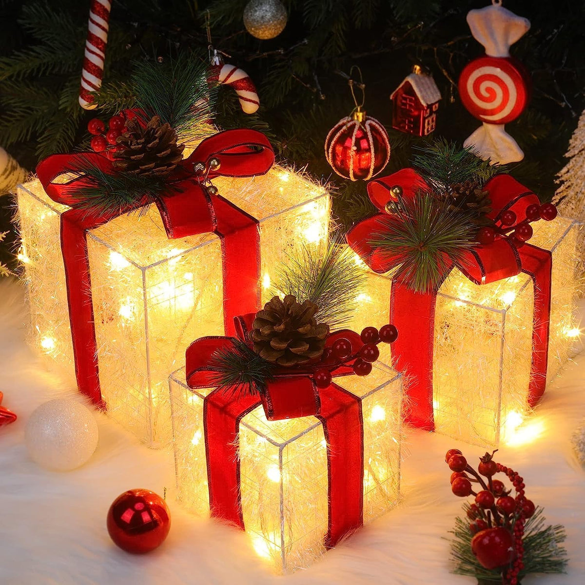 Quntis 3 Set LED Geschenkbox Weihnachtsdeko Innen Aussen 60 warmweiße LEDs
