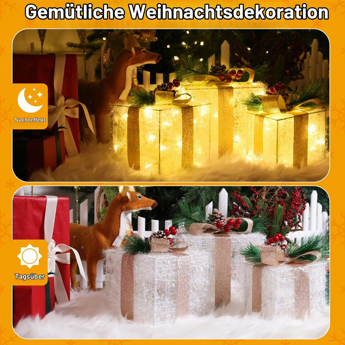 Quntis 3 Set LED Geschenkbox Weihnachtsdeko Innen Aussen 60 warmweiße LEDs