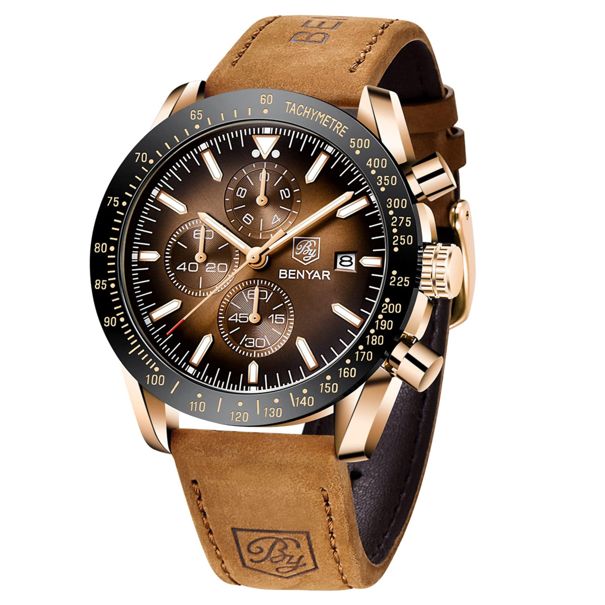 BENYAR Uhren Herren Analog Quarz Chronograph Herrenuhren Wasserdicht Datum Lederband Armbanduhr Lässig Business-Kleid fur Männer Klassische Elegantes Geschenk