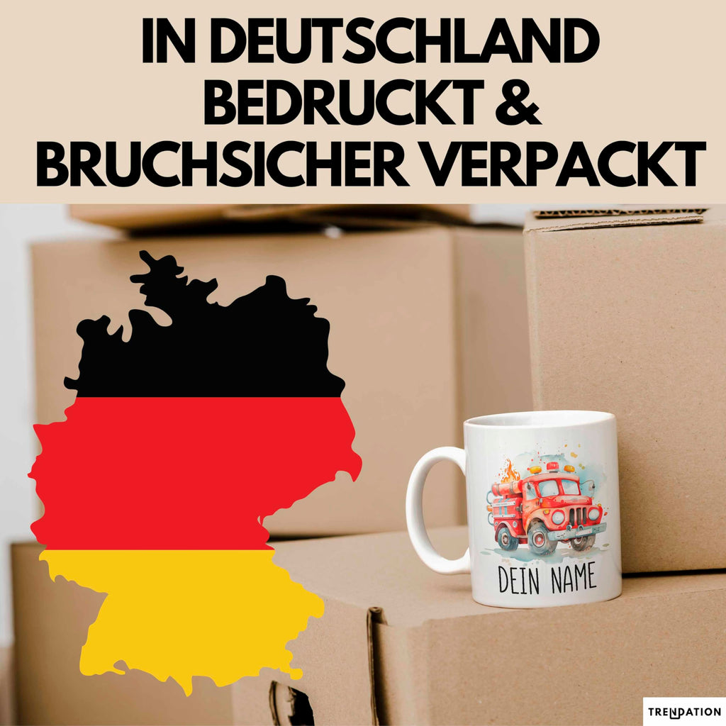 Feuerwehr Auto Tasse mit Namen – Personalisierte Tasse Geburtstag Geschenkidee süßes Feuerwehr Automotiv Namenstasse (Schwarz)