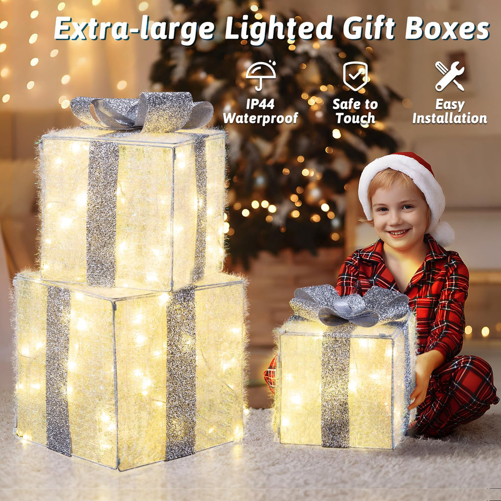 Quntis 3 Set LED Geschenkbox Weihnachtsdeko Innen Aussen 60 warmweiße LEDs