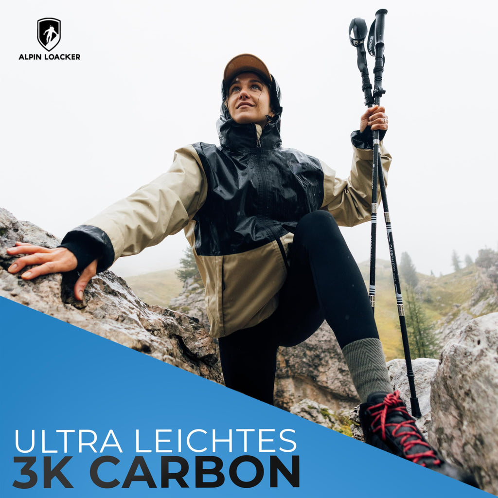 ALPIN LOACKER Wanderstöcke faltbar Carbon oder Aluminium mit Korkgriff I Nordic Walking Stöcke Damen & Herren I Leichte Faltbare Trekkingstöcke Teleskop für Bergsport