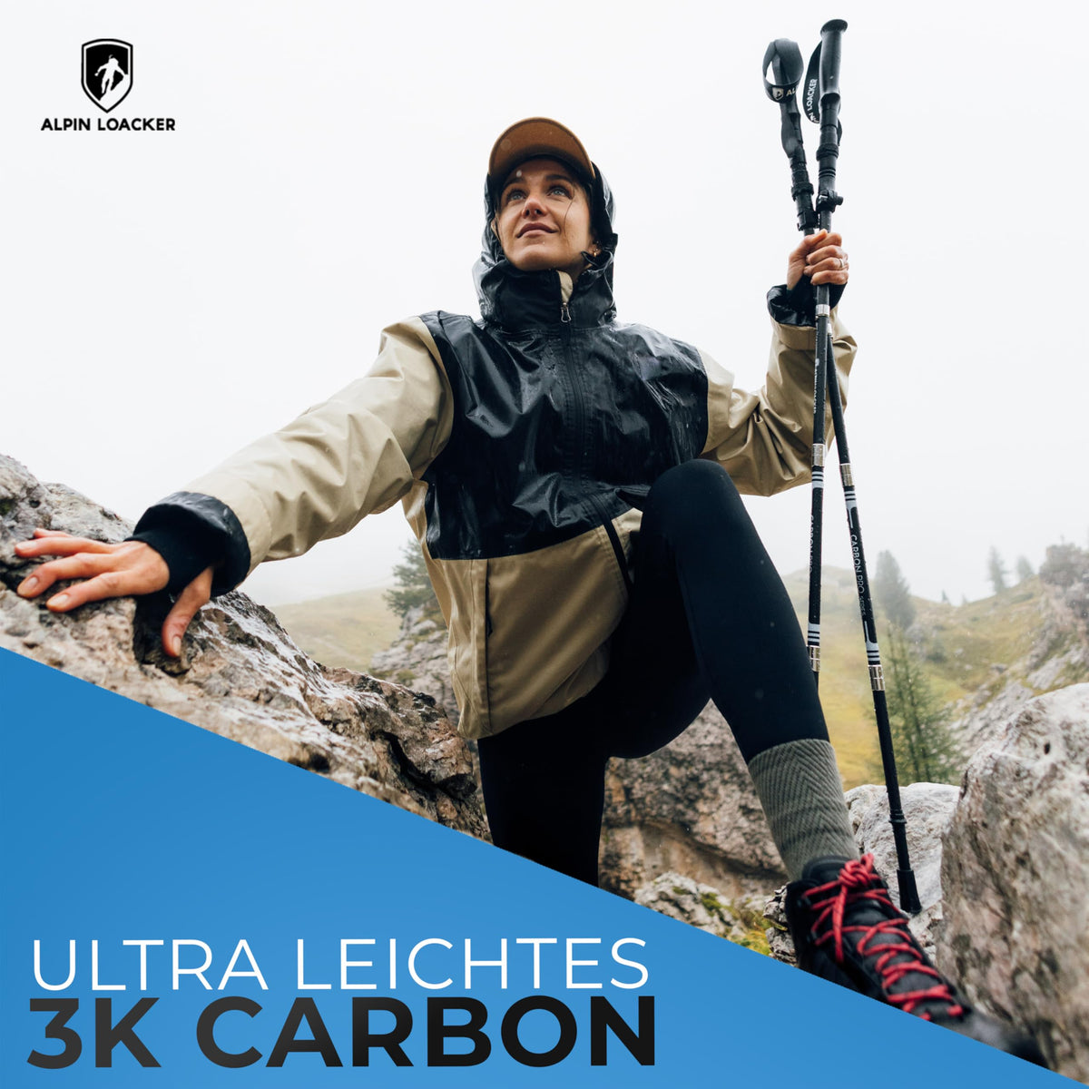 ALPIN LOACKER Wanderstöcke faltbar Carbon oder Aluminium mit Korkgriff I Nordic Walking Stöcke Damen & Herren I Leichte Faltbare Trekkingstöcke Teleskop für Bergsport