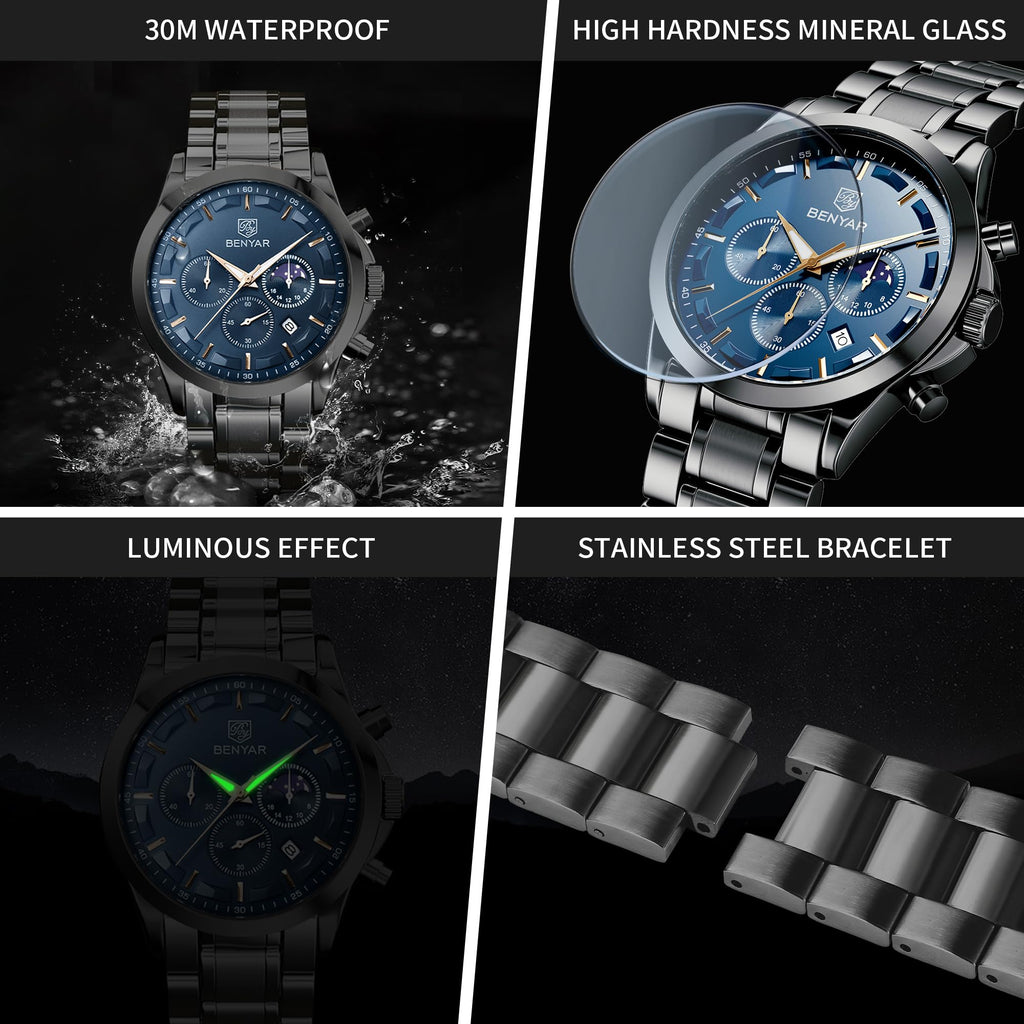 BENYAR BY Uhren Herren Chronograph Analog Quarz Wasserdicht Datum Armbanduhr Herren Mode Business-Kleid Herrenuhr Elegantes Geschenk fur Männer