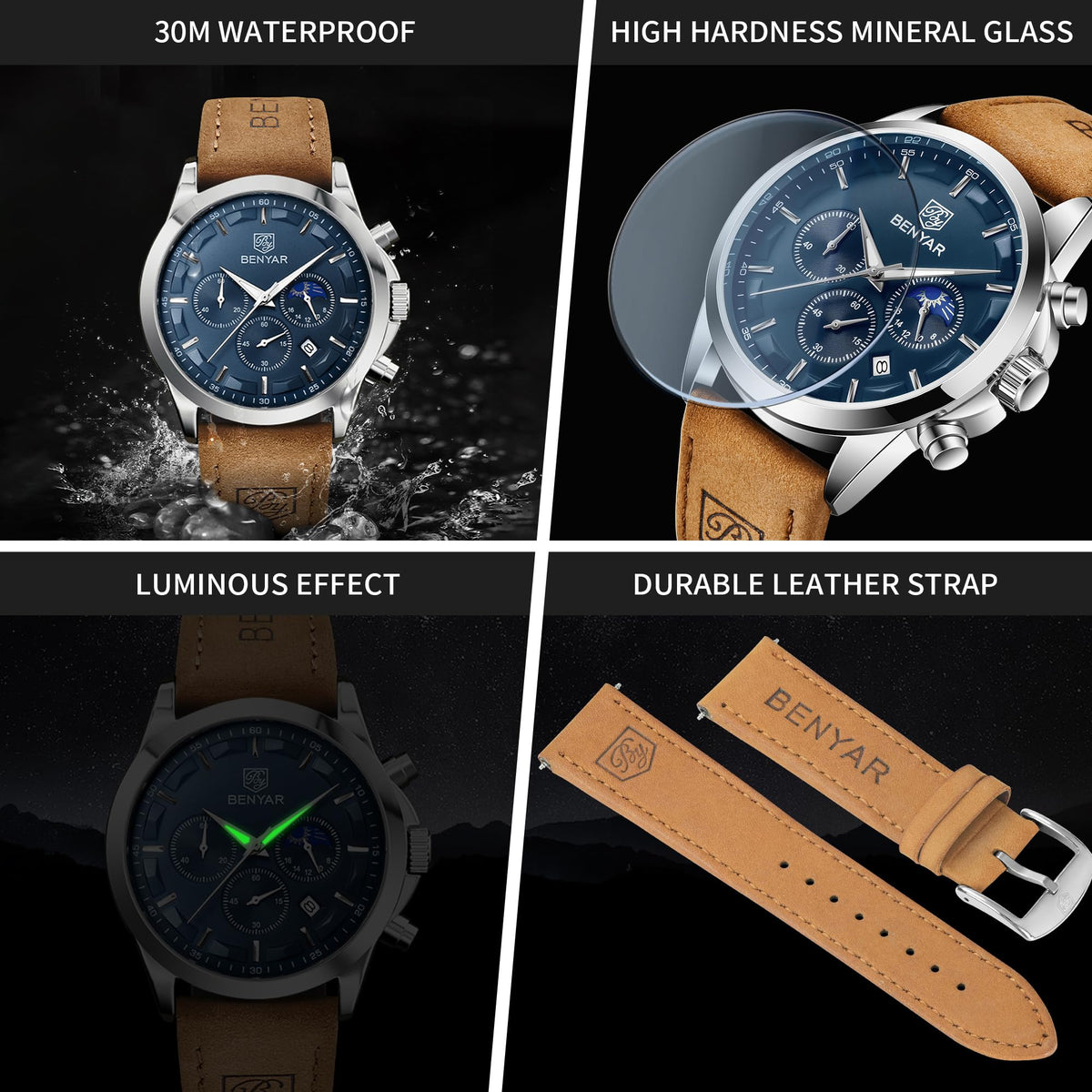 BENYAR BY Uhren Herren Chronograph Analog Quarz Wasserdicht Datum Armbanduhr Herren Mode Business-Kleid Herrenuhr Elegantes Geschenk fur Männer