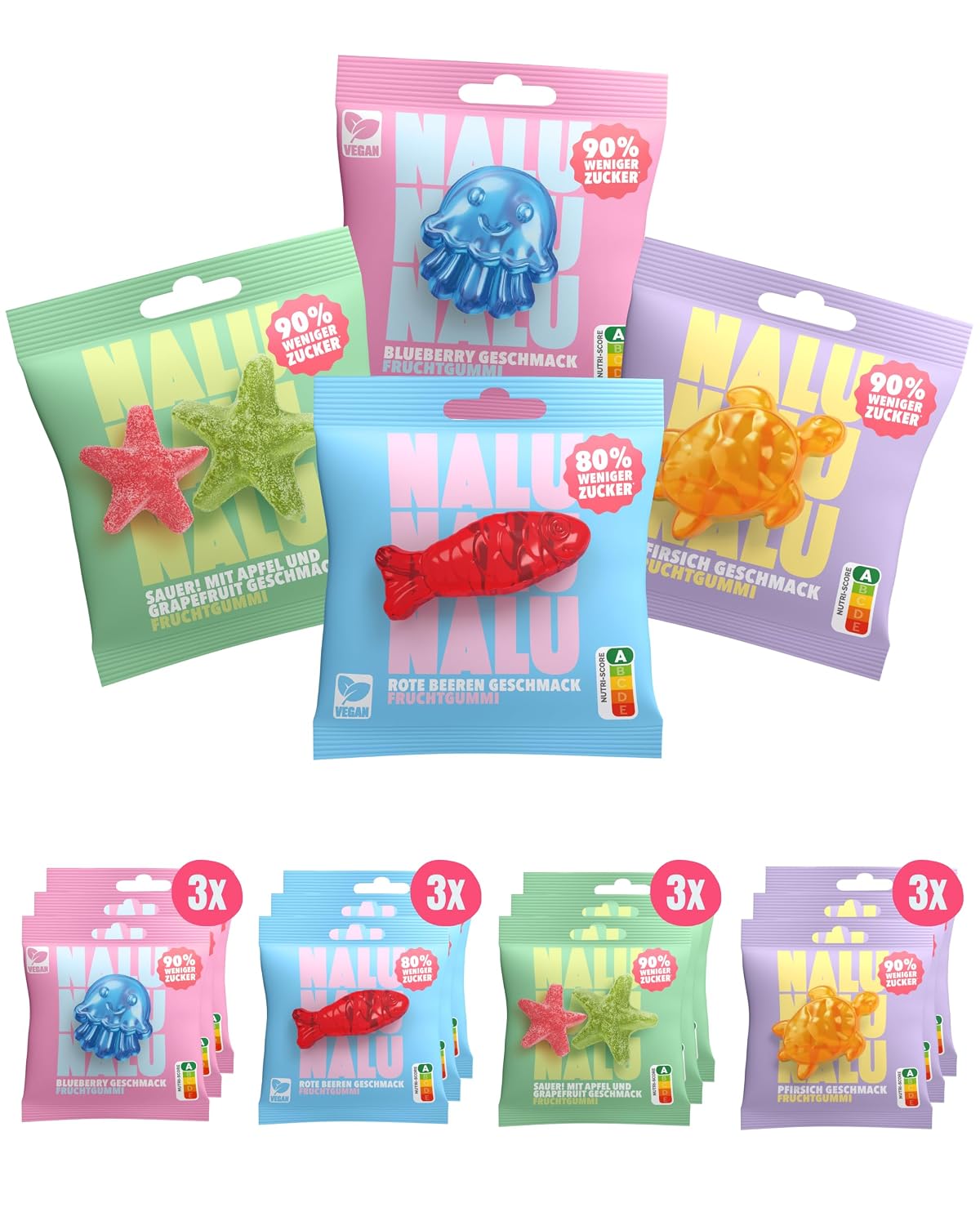 NALU Probierset Gummibärchen ohne Zuckerzusatz, 4 Sorten, 12 x 50 g
