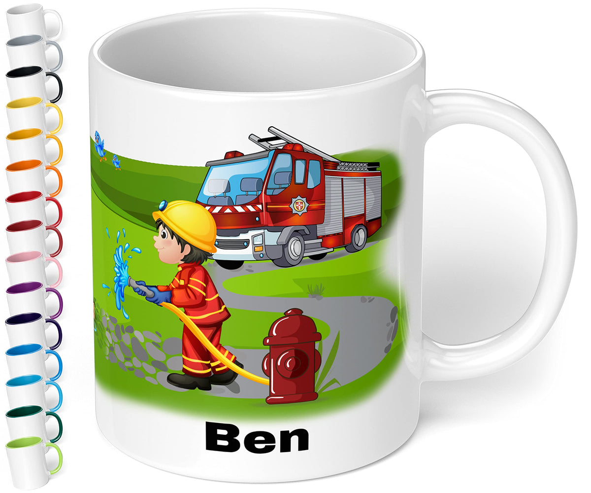 Tasse mit Namen für Kinder Feuerwehrmann – Kindertasse personalisiert – Feuerwehr Kinderbecher Trinkbecher für Jungen und Mädchen - rundum bedruckt – Geschenk zu Weihnachten, Geburtstag (Rot)