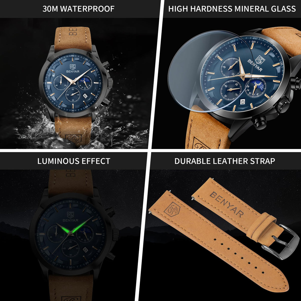 BENYAR BY Uhren Herren Chronograph Analog Quarz Wasserdicht Datum Armbanduhr Herren Mode Business-Kleid Herrenuhr Elegantes Geschenk fur Männer