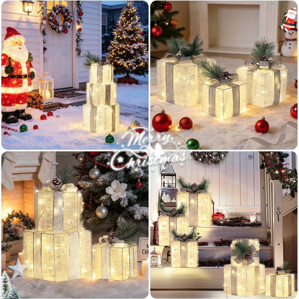 Quntis 3 Set LED Geschenkbox Weihnachtsdeko Innen Aussen 60 warmweiße LEDs