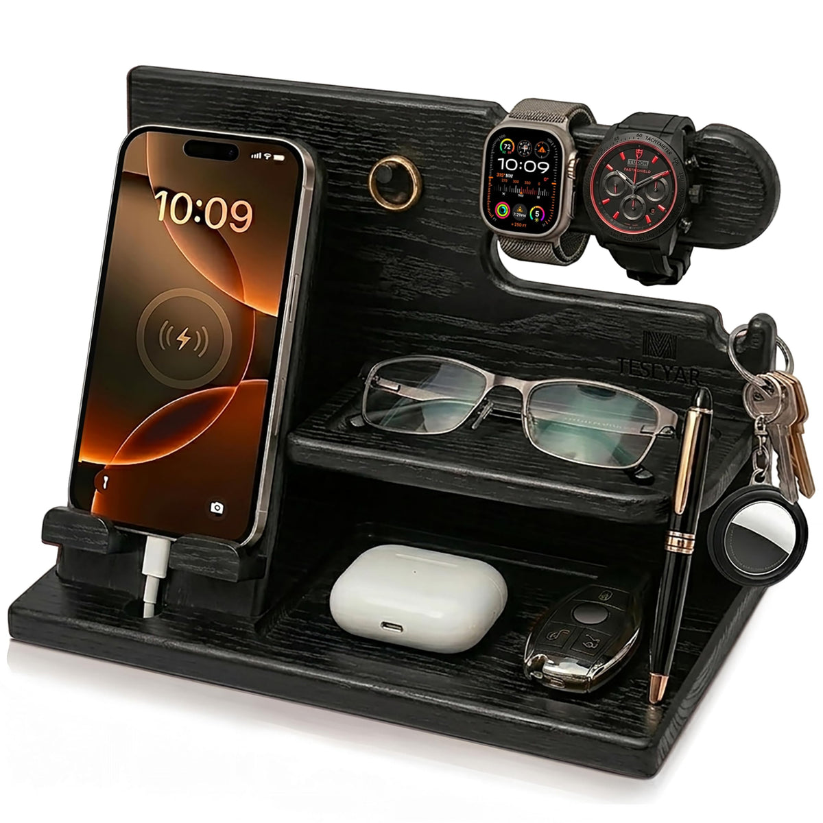 TESLYAR Organizer Schreibtisch Holz Handy Ladestation Männergeschenke Papa