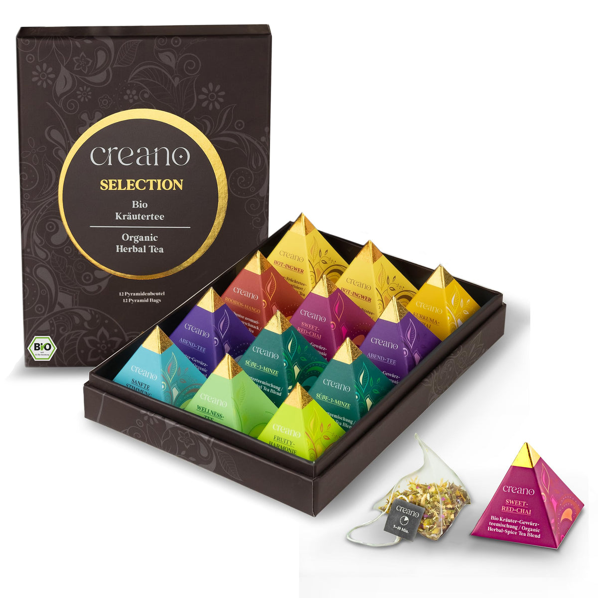 Creano Premium Bio Kräutertee Geschenkset „ORGANIC HERBAL TEA“ - 9 Pyramiden-Teebeutel in 9 unterschiedlichen Sorten - 22,5g - NEUHEIT 2024*