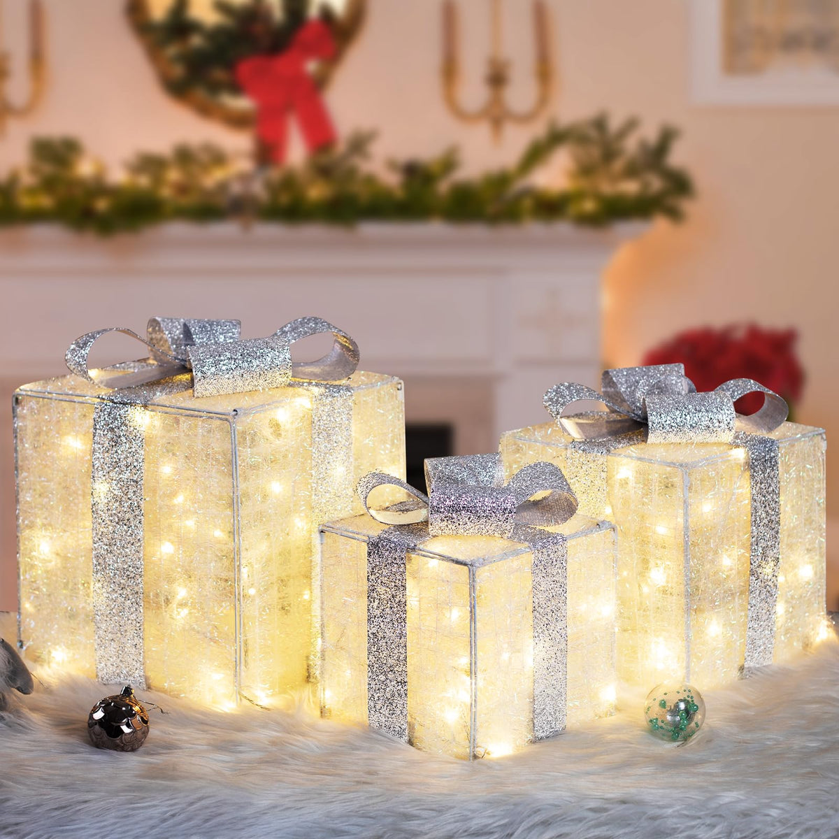 Quntis 3 Set LED Geschenkbox Weihnachtsdeko Innen Aussen 60 warmweiße LEDs