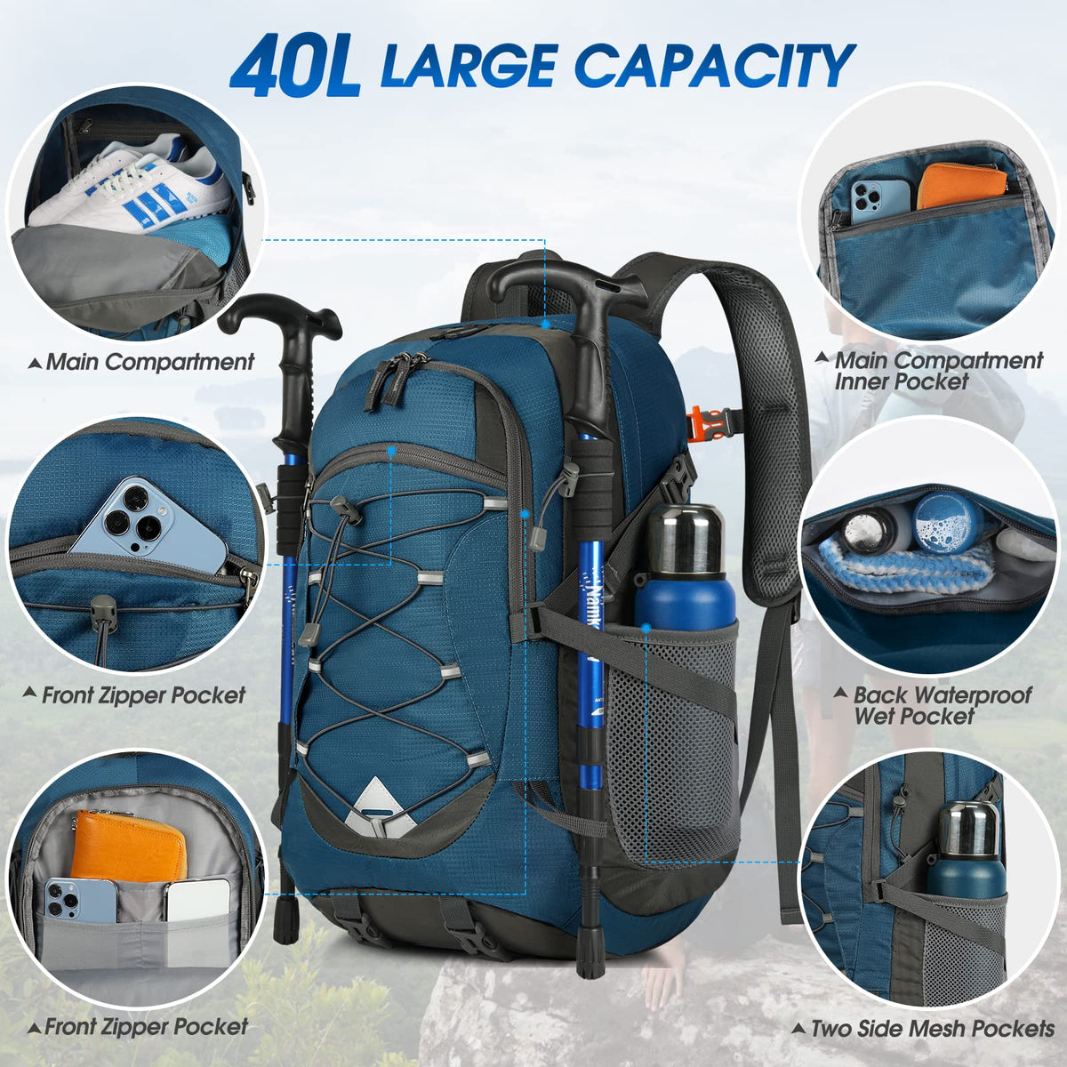 IGOLUMON Wanderrucksack Herren Damen 40L Wasserdichter Rucksack Leicht Faltbarer Reiserucksack Trekkingrucksack mit Reflexstreifen Für Radfahren, Klettern, Bergsteigen und Reisen Sport，Schwarz