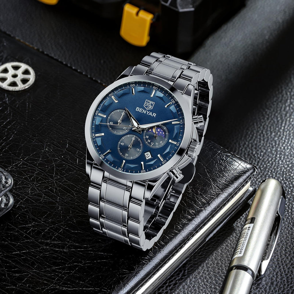 BENYAR BY Uhren Herren Chronograph Analog Quarz Wasserdicht Datum Armbanduhr Herren Mode Business-Kleid Herrenuhr Elegantes Geschenk fur Männer
