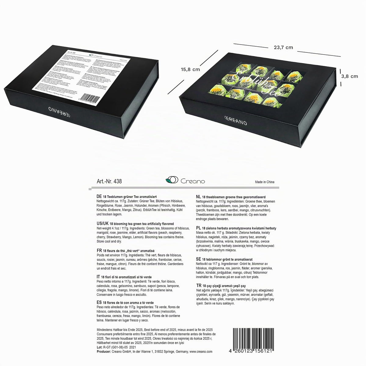 Creano 6 Teeblumen Geschenkbox weißer, schwarzer & grüner Tee in edler Magnetbox mit Silberprägung - 6 verschiedene Sorten - Geschenk zu Weihnachten