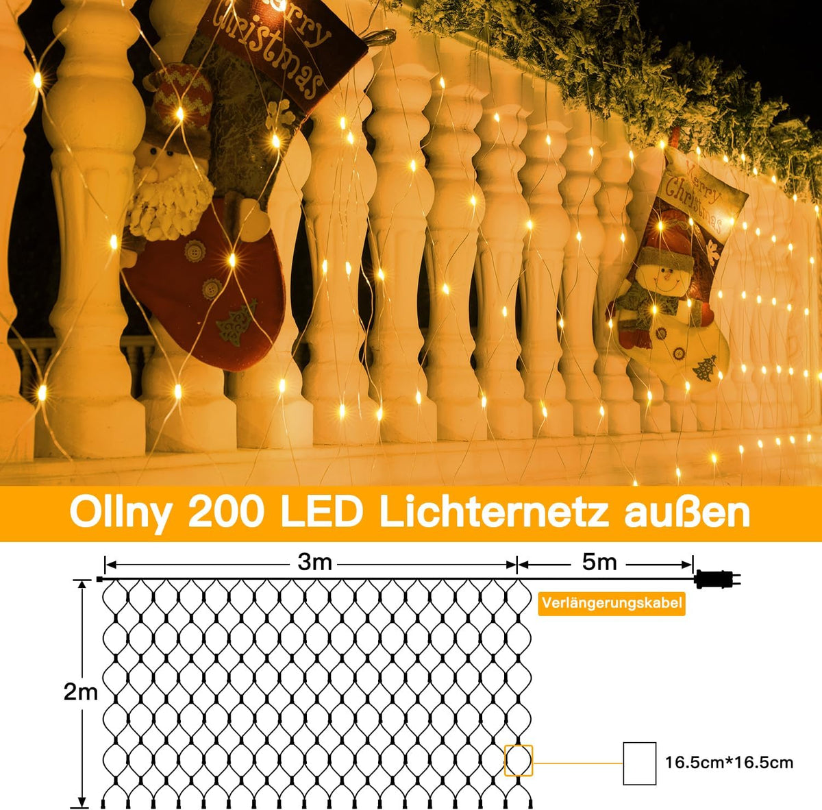Ollny Lichternetz Außen 3x2m, 200 LED Warmweiß mit 8 Modi, Timer, IP67