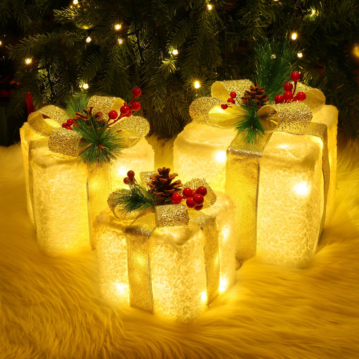 Quntis 3 Set LED Geschenkbox Weihnachtsdeko Innen Aussen 60 warmweiße LEDs