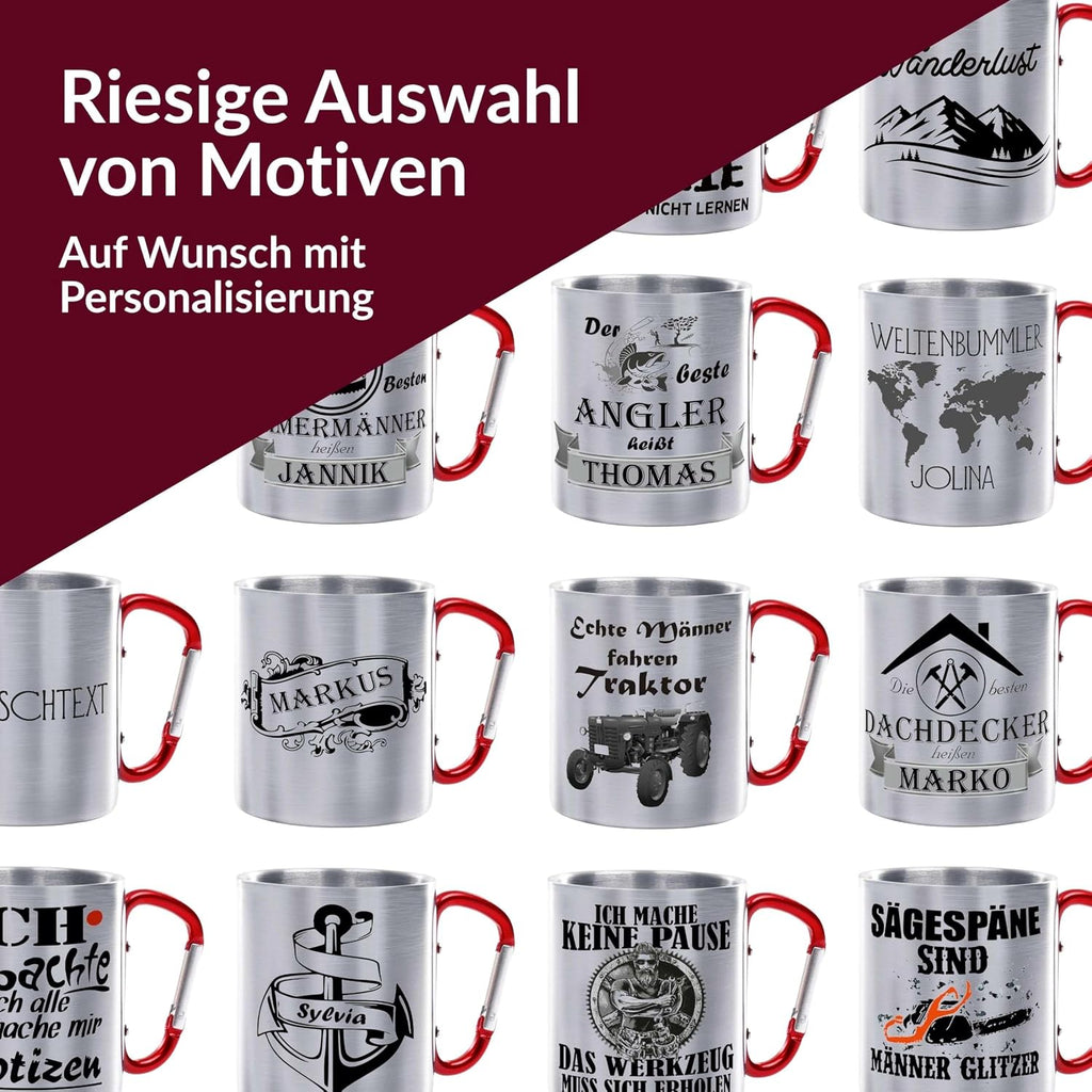 Crealuxe Edelstahltasse mit Karabiner - Der Beste Feuerwehrmann heißt Wunschname - 330ml, Tasse personalisiert, Kaffeetasse, Bürotasse, Metalltasse mit Name