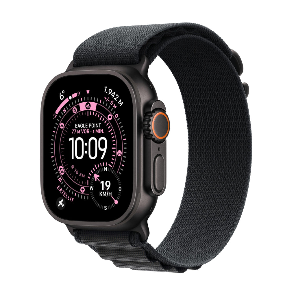 Apple Watch Ultra 3 GPS + Cellular 49 mm Premium Smartwatch für Lauftraining und Kombinationssport mit robustem Titangehäuse in Schwarz und Trail Loop in Schwarz/Kohlegrau (M/L)