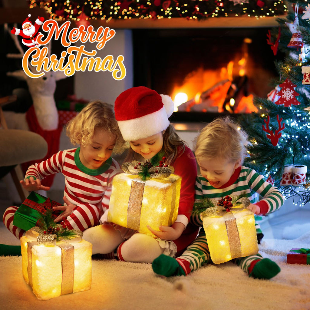 Quntis 3 Set LED Geschenkbox Weihnachtsdeko Innen Aussen 60 warmweiße LEDs