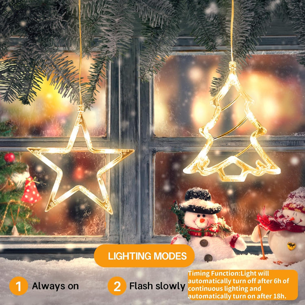 Jsdoin Stern Weihnachtsbaum Weihnachtsbeleuchtung, LED Weihnachtsdeko Fenster Lichter, Beleuchtet mit Batteriebetriebene, Timer, Lichterkette für Weihnachten Deko, Balkon (Stern und Weihnachtsbaum)