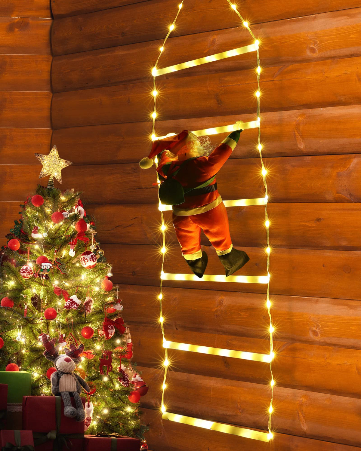 Geemoo Weihnachtsbeleuchtung Außen Batterie, 81cm Weihnachtsbaum Leiter Lichterkette mit Lametta Girlande, Timer, 8 Modi, Warmweiß Fensterlicht für Innen, Fenster, Party, Hochzeit, Tür, Weihnachtsdeko
