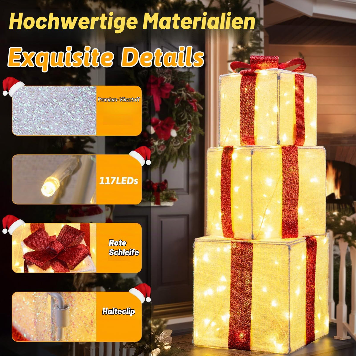 Quntis 3 Set LED Geschenkbox Weihnachtsdeko Innen Aussen 60 warmweiße LEDs