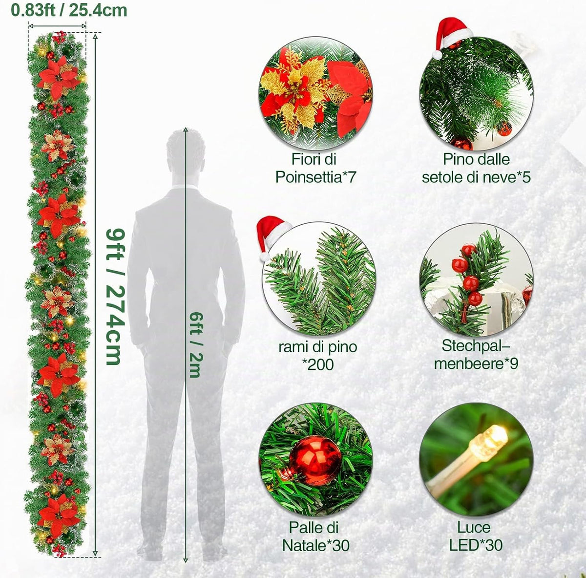 Weihnachtsgirlande mit Beleuchtung - Weihnachtsgirlande - 270cm Weihnachtsgirlande Weihnachtskranz Tannengirlande Weihnachtsdeko Beleuchtet Künstlich Weihnachten Dekoration