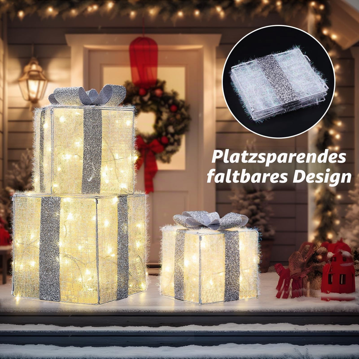 Quntis 3 Set LED Geschenkbox Weihnachtsdeko Innen Aussen 60 warmweiße LEDs