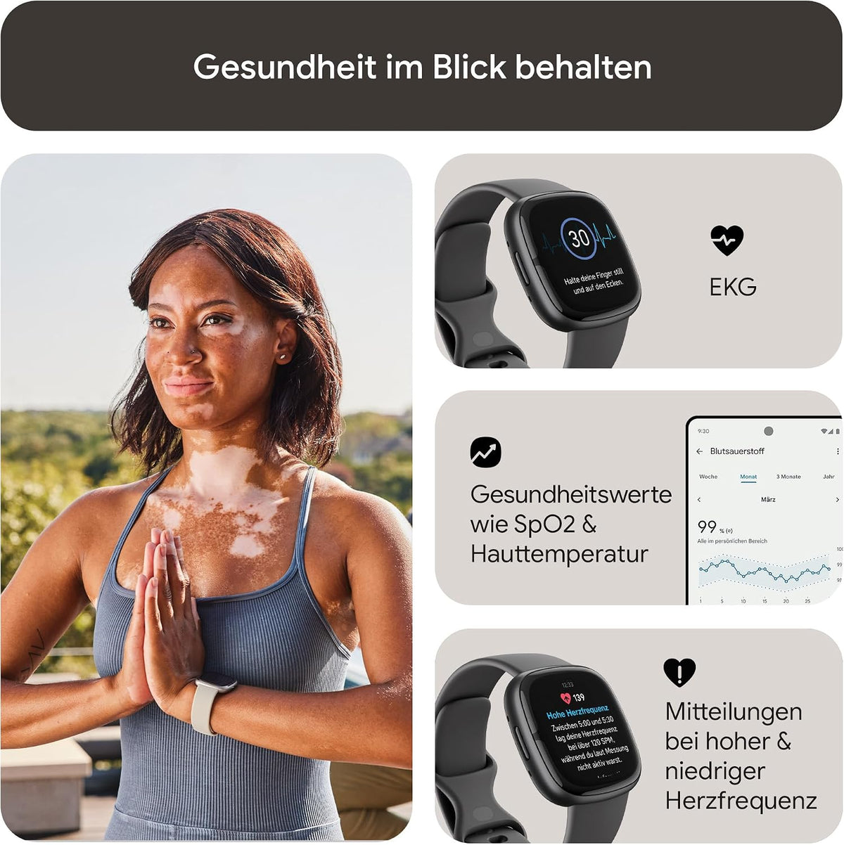 Google Fitbit Sense 2 – Smartwatch Damen / Herren – Fitnessuhr mit integriertem GPS und Telefonfunktion – Fitness-Tracking mit Stressmanagement, EKG und Schlafanalyse – kompatibel mit Android/iOS
