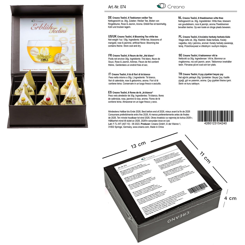Creano 6 Teeblumen Geschenkbox weißer, schwarzer & grüner Tee in edler Magnetbox mit Silberprägung - 6 verschiedene Sorten - Geschenk zu Weihnachten