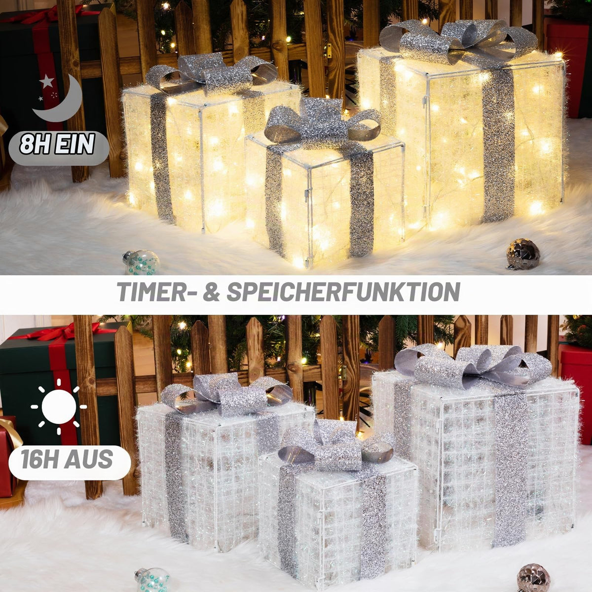 Quntis 3 Set LED Geschenkbox Weihnachtsdeko Innen Aussen 60 warmweiße LEDs