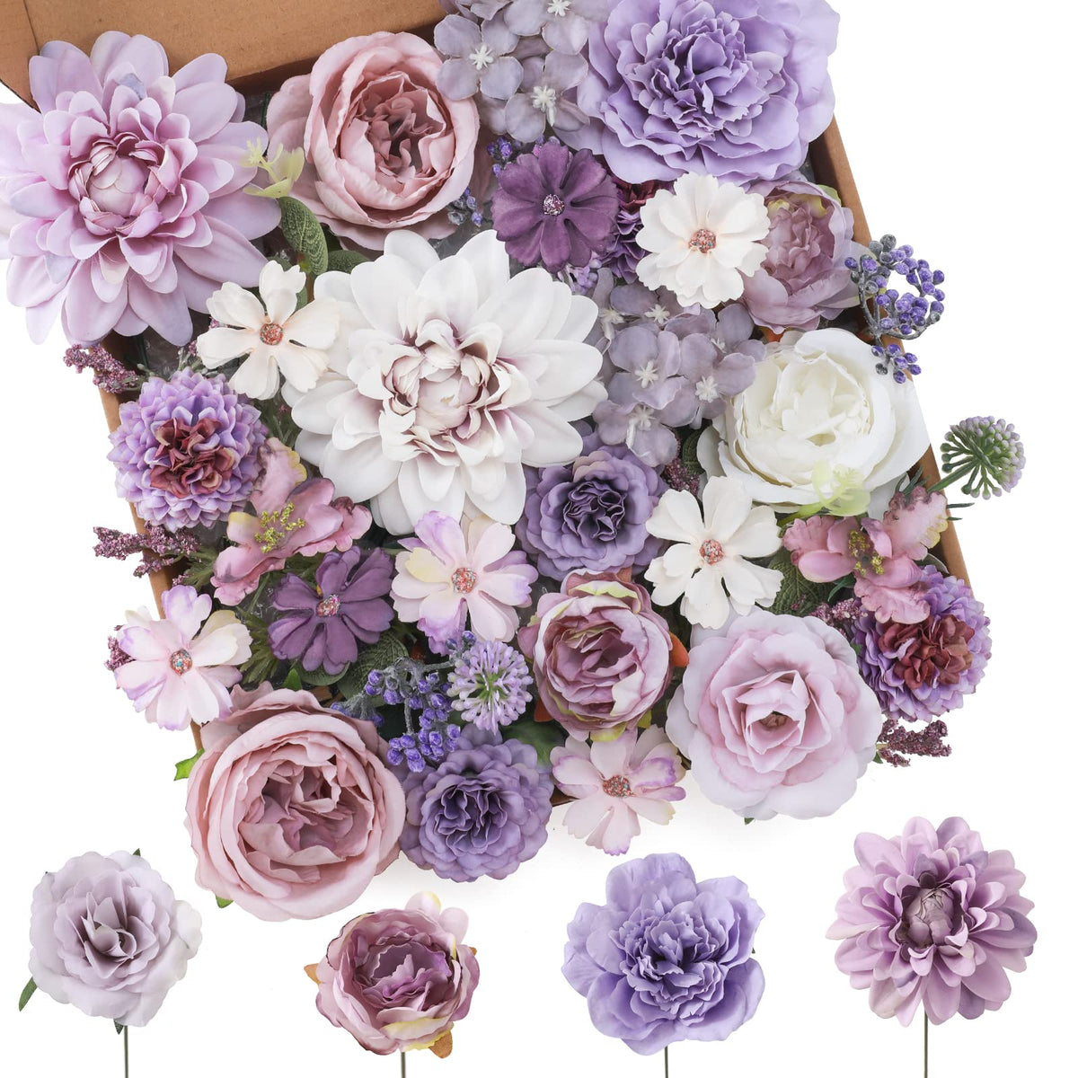 Floweroyal Künstliche Blumen Lila Seidenblumen Mischen Sie Dahlienrosen mit Stielen für DIY Hochzeits-Brautsträuße, Babydusche, Blumengesteck, Tischdekoration, Heimdekorationen.