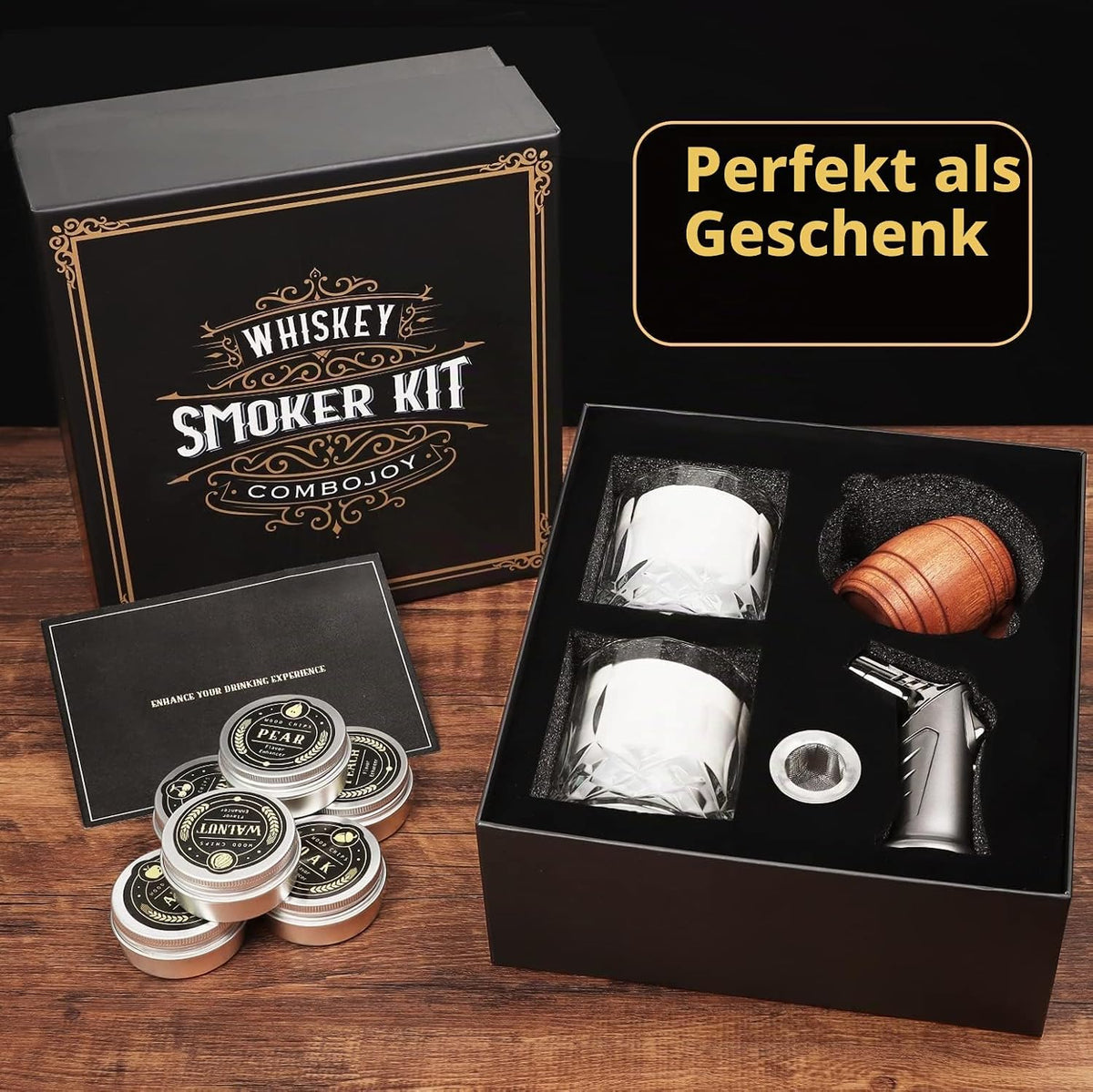 Whiskey Smoker Kit with Torch,6 Flavors Wood Chips, 2 Glasses, 2 Ice Ball Molds,Cocktail Smoker Infuser Kit, Old Fashioned Drink Smoker Kit, Husband , Boyfriend (Without Butan)