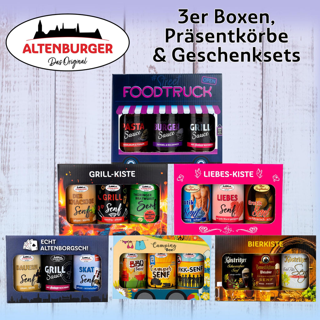 Altenburger Original Bierkiste - drei mit Bier verfeinerte Senfsorten als Geschenk-Set (3-teilig), Geschenkbox für Männer und Frauen
