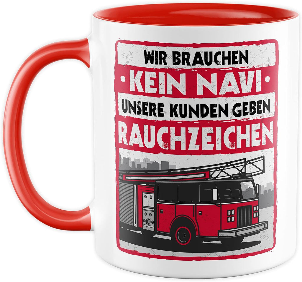 Feuerwehr Tasse Rauchzeichen Geschenkidee Witz Kaffeetasse mit lustigen Spruch Geschenk für Feuerwehrmann Kaffeebecher Feuerwehrauto Becher (Weiß & Rot)
