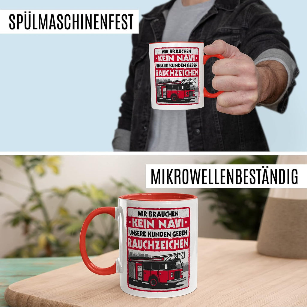 Feuerwehr Tasse Rauchzeichen Geschenkidee Witz Kaffeetasse mit lustigen Spruch Geschenk für Feuerwehrmann Kaffeebecher Feuerwehrauto Becher (Weiß & Rot)