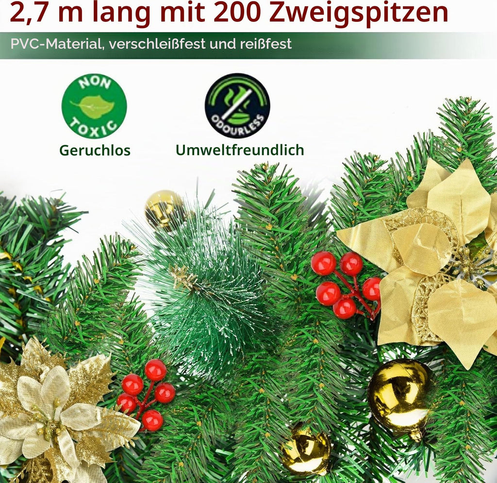 Weihnachtsgirlande mit Beleuchtung - Weihnachtsgirlande - 270cm Weihnachtsgirlande Weihnachtskranz Tannengirlande Weihnachtsdeko Beleuchtet Künstlich Weihnachten Dekoration