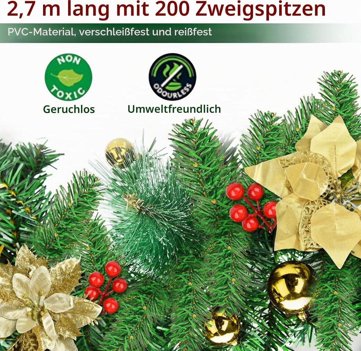 Weihnachtsgirlande mit Beleuchtung - Weihnachtsgirlande - 270cm Weihnachtsgirlande Weihnachtskranz Tannengirlande Weihnachtsdeko Beleuchtet Künstlich Weihnachten Dekoration