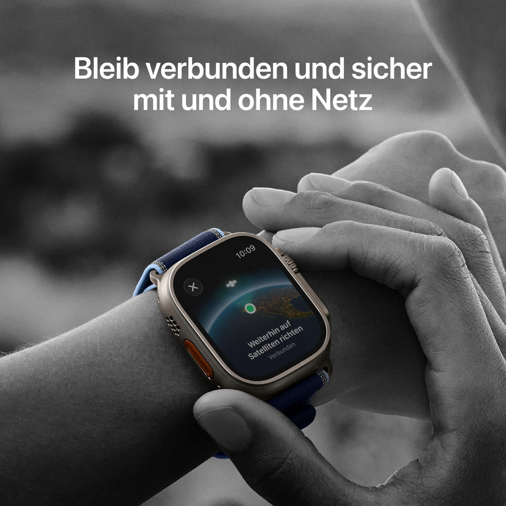 Apple Watch Ultra 3 GPS + Cellular 49 mm Premium Smartwatch für Lauftraining und Kombinationssport mit robustem Titangehäuse in Schwarz und Trail Loop in Schwarz/Kohlegrau (M/L)