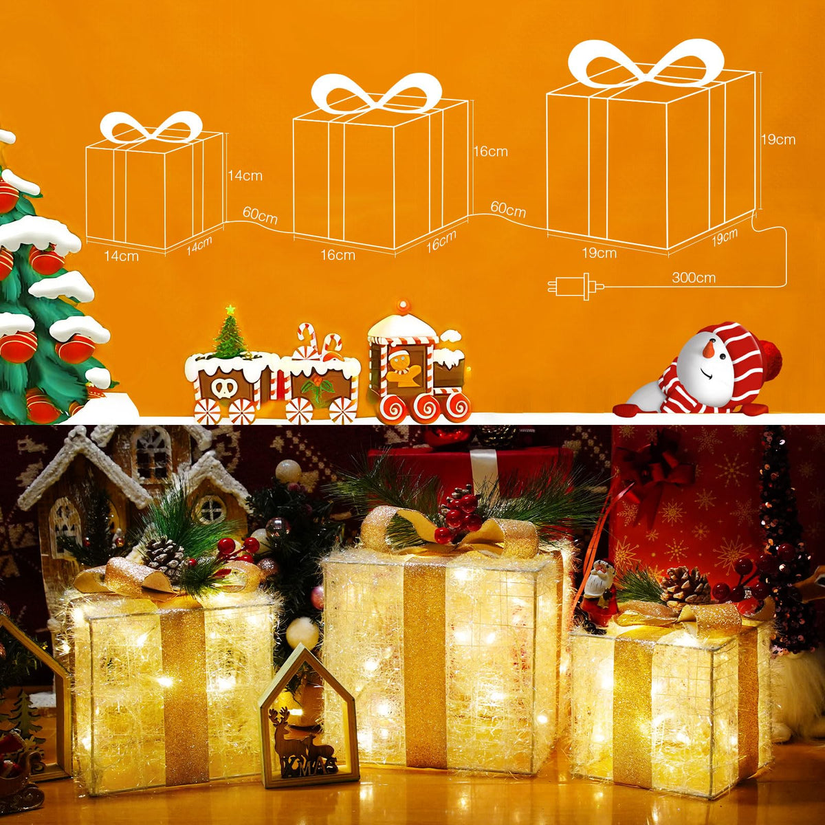 Quntis 3 Set LED Geschenkbox Weihnachtsdeko Innen Aussen 60 warmweiße LEDs