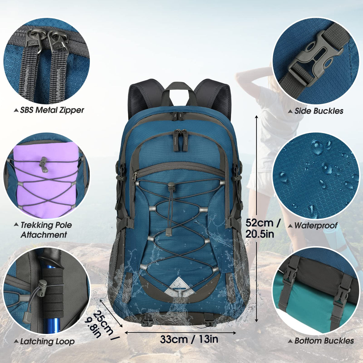 IGOLUMON Wanderrucksack Herren Damen 40L Wasserdichter Rucksack Leicht Faltbarer Reiserucksack Trekkingrucksack mit Reflexstreifen Für Radfahren, Klettern, Bergsteigen und Reisen Sport，Schwarz