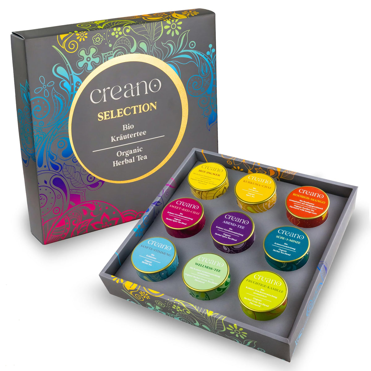 Creano Premium Bio Kräutertee Geschenkset „ORGANIC HERBAL TEA“ - 9 Pyramiden-Teebeutel in 9 unterschiedlichen Sorten - 22,5g - NEUHEIT 2024*