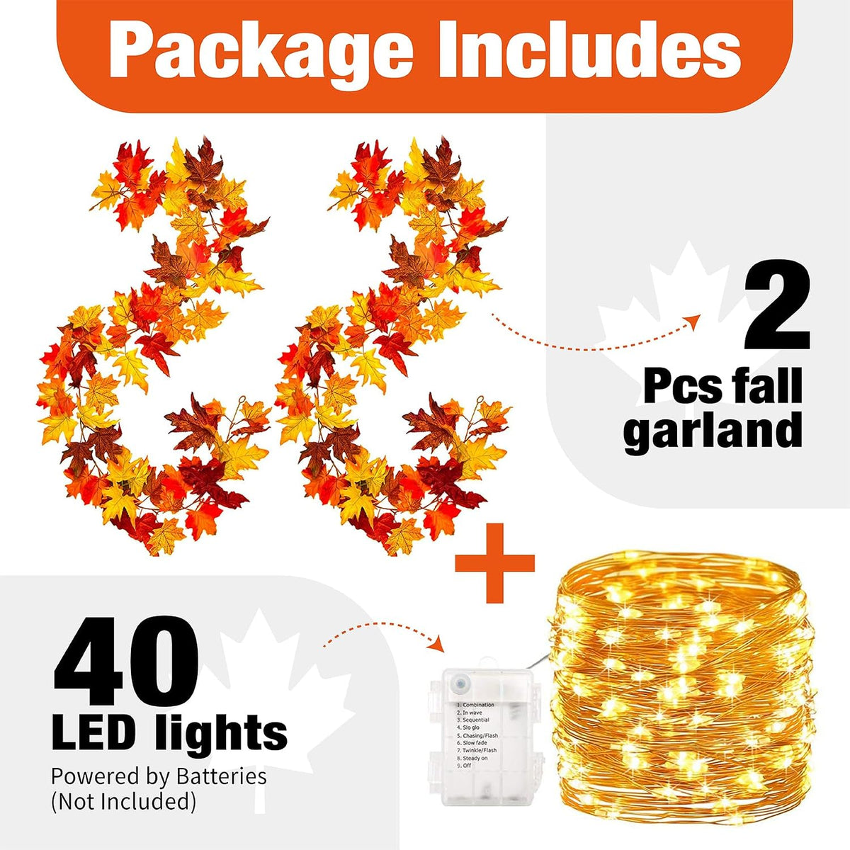 KASZOO 2 Stück Ahornblätter Herbstgirlande Mit 40 LEDs - 176cm/Stück Herbstblätter Girlande,Girlande Herbst Für Zuhause, Garten, Hochzeit, Kamin, Party Weihnachtsdekoration