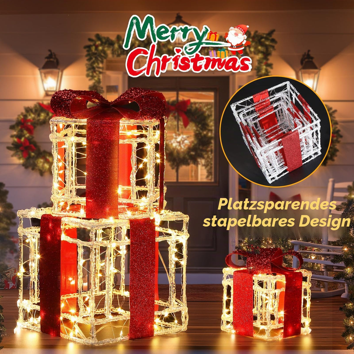 Quntis 3 Set LED Geschenkbox Weihnachtsdeko Innen Aussen 60 warmweiße LEDs