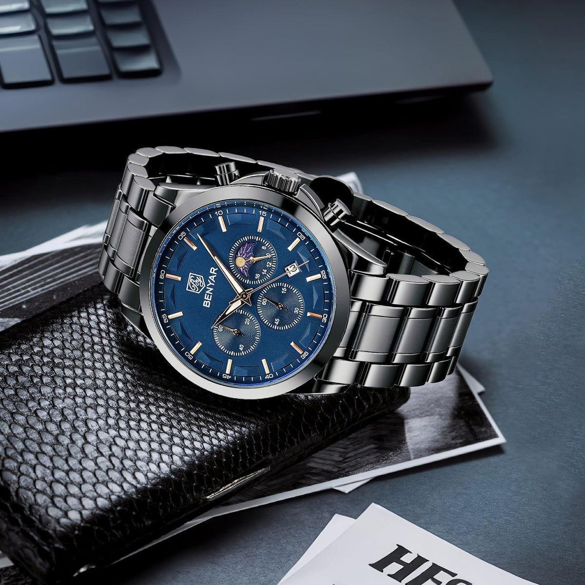 BENYAR BY Uhren Herren Chronograph Analog Quarz Wasserdicht Datum Armbanduhr Herren Mode Business-Kleid Herrenuhr Elegantes Geschenk fur Männer