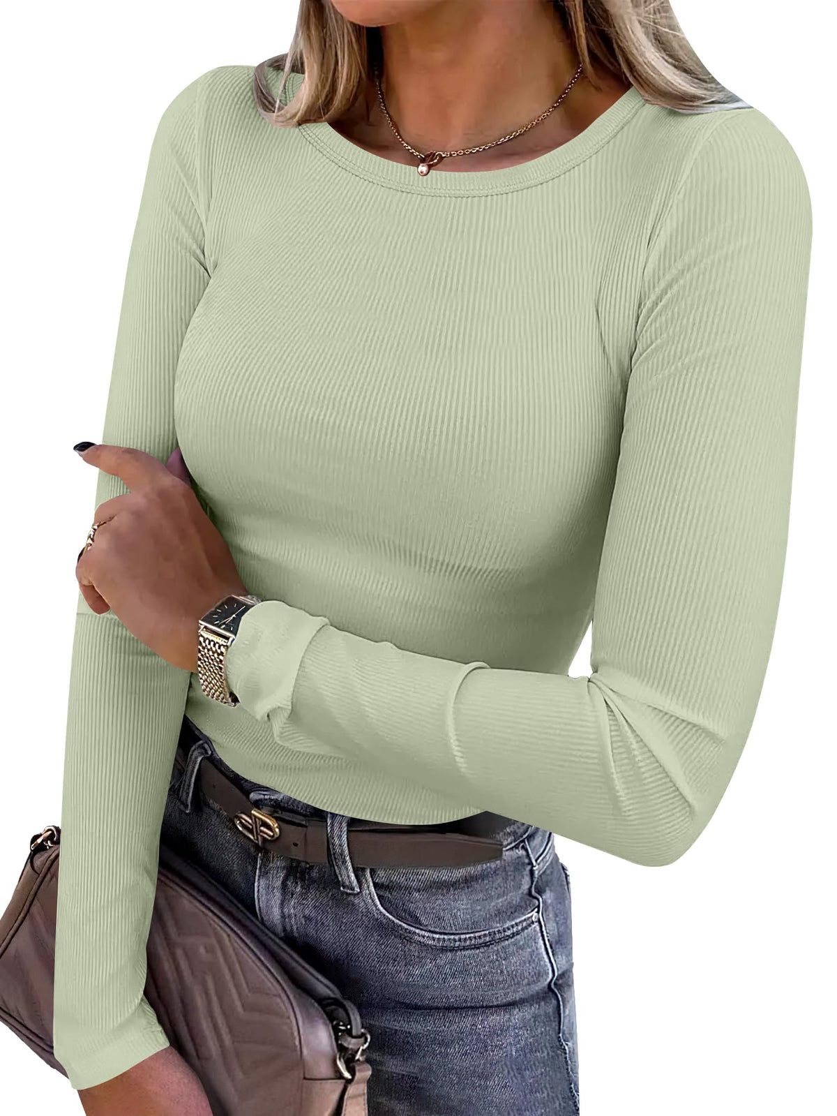 ANRABESS Women Long Sleeve Shirts Ribbed Fitted Tops