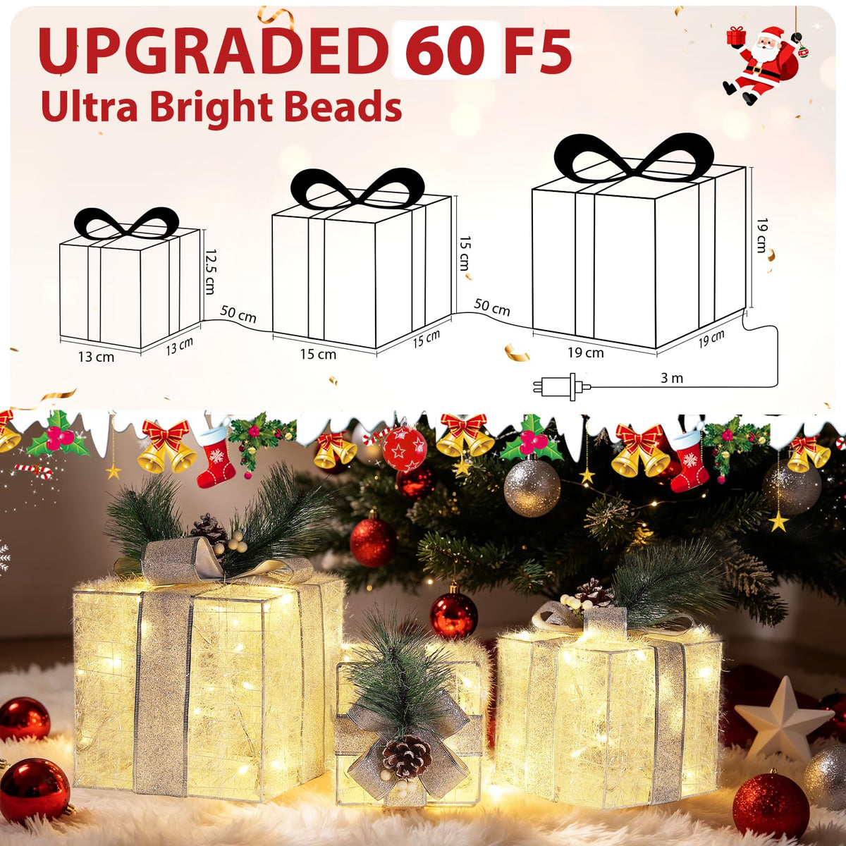 Quntis 3 Set LED Geschenkbox Weihnachtsdeko Innen Aussen 60 warmweiße LEDs