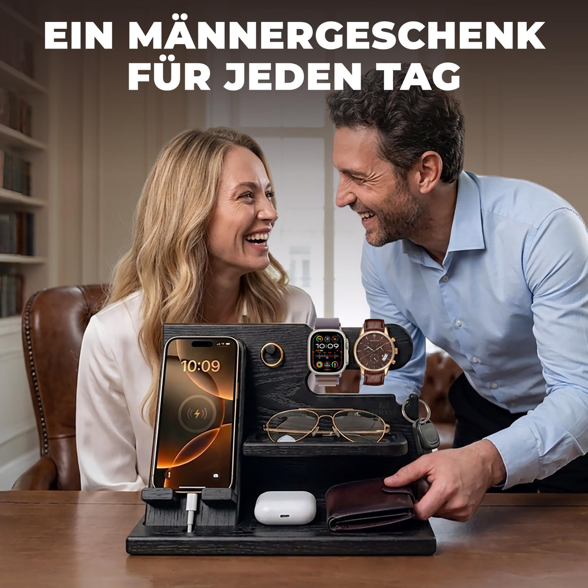 TESLYAR Organizer Schreibtisch Holz Handy Ladestation Männergeschenke Papa