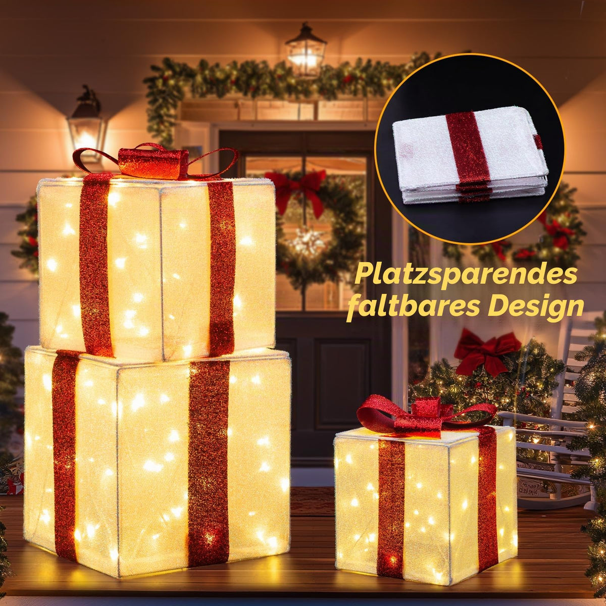 Quntis 3 Set LED Geschenkbox Weihnachtsdeko Innen Aussen 60 warmweiße LEDs